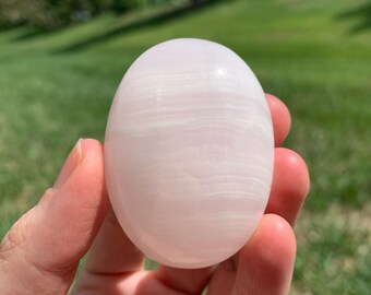 UV Reactive Pink Mangano Calcite Palm Stone | Natural Striped Polished Hand Crystal Mineral Stone -Pure love energy -Heart Chakra -Self love