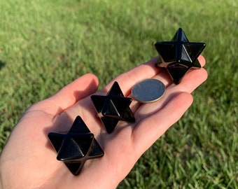 Black Obsidian Sparkly Polished Merkaba | Natural Crystal Mineral Rock Smooth Stone Small Star Sacred Geometry Carving Figure | protection