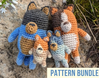 Crochet Pattern PDFs: Bluey, Bingo, Bandit, & Chilli -Inspired Crochet Pattern Bundle • toddler present, stuffed animal, toy, amigurumi, dog