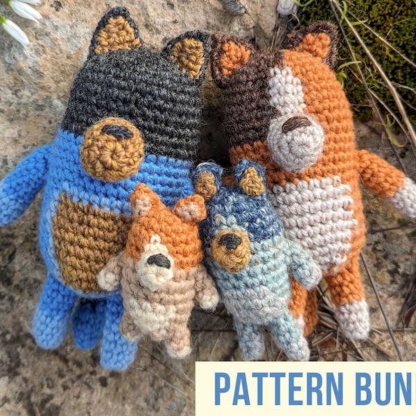 Crochet Pattern PDFs: Bluey, Bingo, Bandit, & Chilli -Inspired Crochet Pattern Bundle • toddler present, stuffed animal, toy, amigurumi, dog