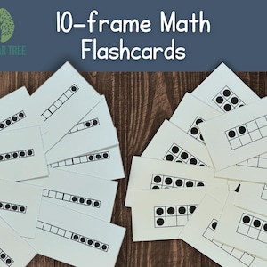May include: A set of 10-frame math flashcards with black circles on white cards. The cards are arranged in a circle on a wooden surface. The text "10-frame Math Flashcards" is at the top of the image.