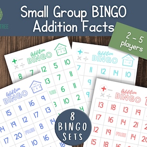 Può includere: Otto schede di bingo stampabili con addizioni per 2-5 giocatori. Le schede sono bianche con testo verde, blu e rosa. Le schede hanno un titolo che dice "Addition Bingo".