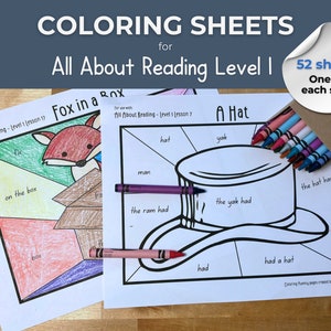 May include: Two colouring pages for "All About Reading" Level 1. The first page features a fox in a box. The second page features a hat with the words "A Hat" at the top. Both pages are divided into sections with words to colour.