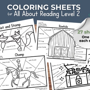 Puede incluir: Un conjunto de 27 páginas para colorear en blanco y negro para niños con ilustraciones del plan de estudios "All About Reading" de nivel 2. Las páginas incluyen imágenes de zorros, un caballo, un granero y un cofre del tesoro. El texto "27 hojas Una para cada historia" es visible en la imagen.