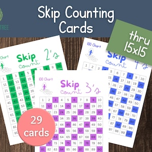 May include: A set of 29 printable skip counting cards for kids. The cards feature 100 charts with numbers highlighted in green, purple, and blue. The cards are designed to help children learn to skip count by 2s, 3s, and 4s. The text on the cards reads "Skip count 2's", "Skip count 3's", and "Skip count 4's".