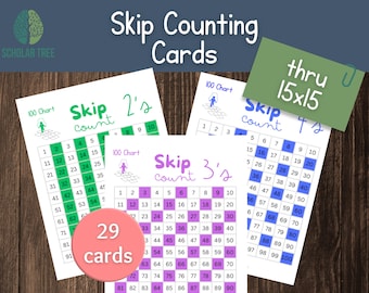 May include: A set of 29 printable skip counting cards for kids. The cards feature 100 charts with numbers highlighted in green, purple, and blue. The cards are designed to help children learn to skip count by 2s, 3s, and 4s. The text on the cards reads "Skip count 2's", "Skip count 3's", and "Skip count 4's".