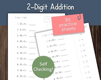 Ejercicios de suma de dos dígitos: Hojas de trabajo de autoevaluación (Descarga en PDF)