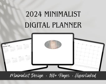 Könnte beinhalten: Ein digitaler Planer für 2024 mit minimalistischem Design. Der Planer wird auf drei Tablets angezeigt, die einen zukünftigen Log, einen Kalender und eine Titelseite mit dem Jahr 2024 in einem Kreis zeigen. Der Planer hat über 160 Seiten und ist verlinkt.