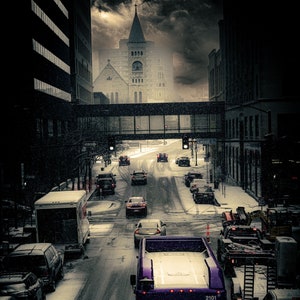 Downtown Winter Street Black and White Digital Photography Download | Cityscape Digital Photo Print | City Architecture Digital Art Decor