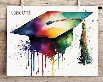 Rainbow Graduation Congratulations Card / graduation cap / watercolor art / class of 2026