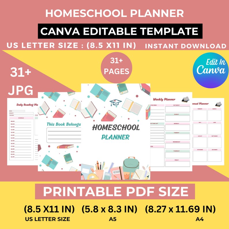 Homeschool Routine planner Editable Homeschool Canva Template Printable PDF Us Letter Size, A5, A4 31 Pages Homeschool planner image 1