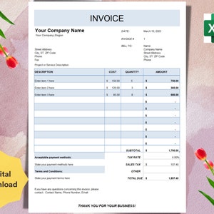 Excel Invoice Template, Small Business Invoice, Editable Invoice, Printable Invoice, Blue Themed