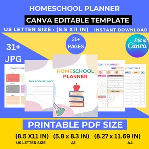 31 Pages Homeschool Planner, Homeschool Schedule Template, Homeschool Routine Template, Editable Canva Template, PDF Us Letter, A5, A4 image 1