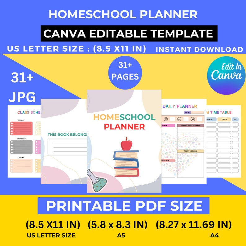 31 Pages Homeschool Planner, Homeschool Schedule Template, Homeschool Routine Template, Editable Canva Template, PDF Us Letter, A5, A4 image 1