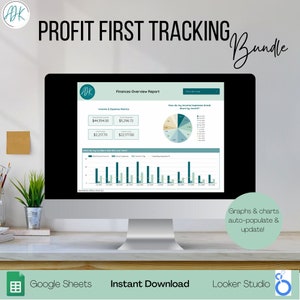 May include: A computer screen displaying a financial overview report with graphs and charts. The report includes income and expense metrics, a pie chart showing how income and expenses break down by month, and a bar chart showing income and expenses over time. The text "PROFIT FIRST TRACKING Bundle" is displayed at the top of the screen. The text "Graphs & charts auto-populate & update!" is displayed at the bottom of the screen. The text "Google Sheets Instant Download Looker Studio" is displayed below the computer screen.