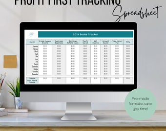 May include: A computer screen displaying a Google Sheets spreadsheet titled "2024 Books Tracker". The spreadsheet has columns for month, gross income, business expenses, earnings before taxes, tax saved, net income, amount saved, take home pay, and tithe. The spreadsheet is designed to help users track their book sales and income.