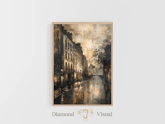 PRINTABLE Vintage Dark Moody Digital PRINT | Moody Rainy day in Paris | Oil Painting | Art Painting Downloadable Prints | Digital print
