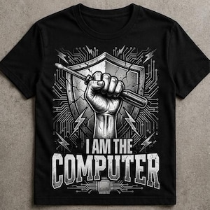 Könnte beinhalten: Ein schwarzes T-Shirt mit einem Grafikdruck einer Hand, die einen Schraubendreher vor einem Schild mit Leiterplattenmustern hält. Das Design enthält Blitze und den Text I AM THE COMPUTER in großen weißen Blockbuchstaben am unteren Rand.
