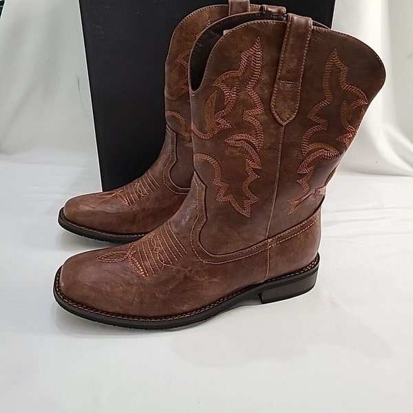 Cowboy Boots for Men Size 9.5 Western Square Toe Classic Mid Calf Boots Brown