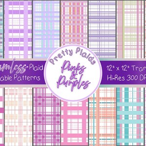 May include: A collection of 14 seamless plaid patterns in pinks and purples. The patterns are 12 x 12 inches and are transparent PNGs with a high resolution of 300 DPI. The image includes text that reads "Pretty Plaids Pinks & Purples".