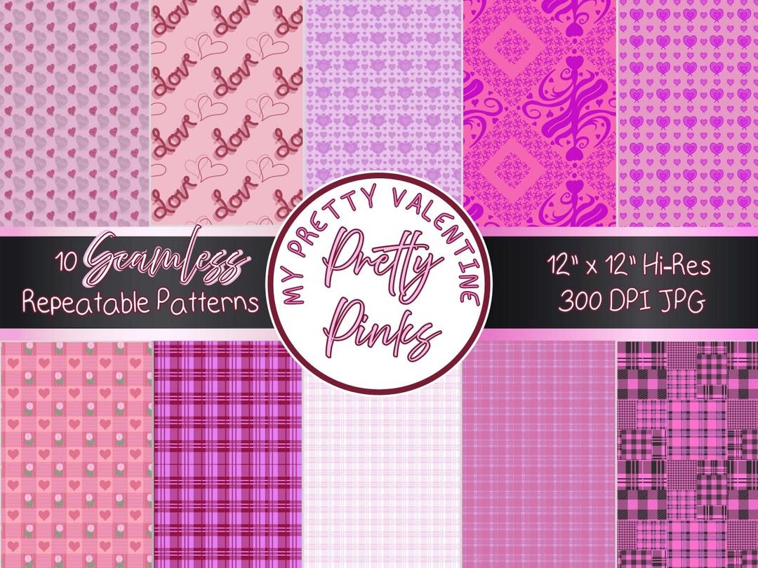 10 Pink Valentine Digital Paper Pack, Seamless Heart Patterns, Plaid ...