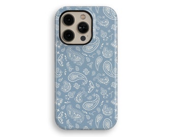 Blue White Coastal Aesthetic Paisley Print Bandana Beach Tough iPhone Case For iPhone 14, iPhone 13, iPhone 12, iPhone 16, 15 Pro Max Cover