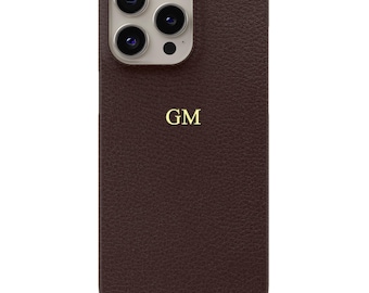 Brown Custom Genuine Pebble Leather iPhone Case, Classy, Personalization with Gold Emboss Foil, iPhone 15, iPhone 16, iPhone 17 Pro Max Case