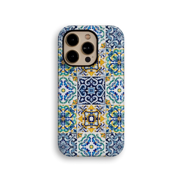 Blue Mediterranean Aesthetic Italian Ceramic Tiles Tough iPhone Case For iPhone 14, iPhone 13, iPhone 12, iPhone 11 Pro, 15 Pro Max Cover