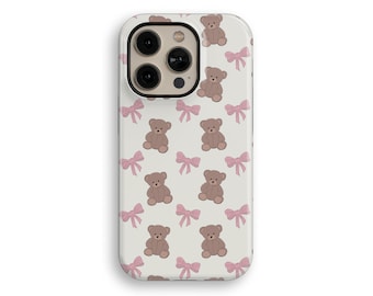 Pink Coquette Aesthetic Teddy Bear with Bow Tough iPhone Case for iPhone 16, iPhone 12, iPhone 13 Pro, iPhone 14 Pro Max, iPhone 15 Pro Max