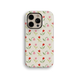 Pink Red Tulip Flowers Design Summer Aesthetic Tough iPhone Case For iPhone 14, iPhone 13, iPhone 12, iPhone 16 Pro, iPhone 15 Pro Max Cover