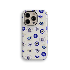 Funda para iPhone 14, iPhone 13, iPhone 12, iPhone 16 Pro, iPhone 15 Pro Max con amuleto de Nazar y talismán de mal de ojo de oro azul