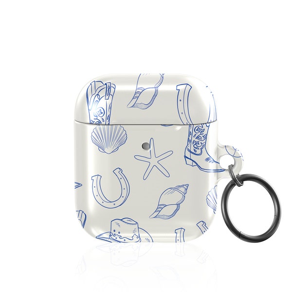 Coastal Cowgirl Aesthetic Blue Cowboy Boots Sea Shells AirPods Case, AirPods Gen 1 & 2 with Circle Silver Keychain Ring Carabiner Protective