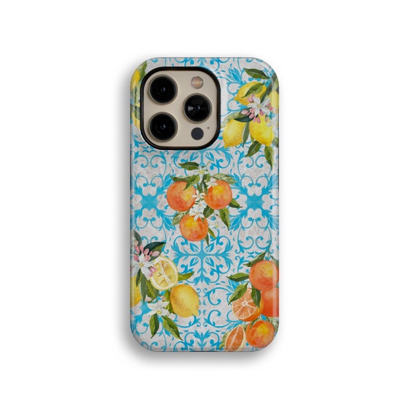 Blue Mediterranean Aesthetic Italian Mosaic Tiles Fruits Tough Protective iPhone 12 iPhone 13 iPhone 14 Pro Case iPhone 15 Pro Max Case