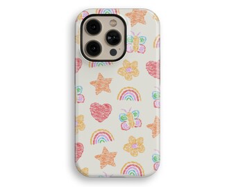 May include: A white phone case with a colorful crayon-drawn pattern of stars, hearts, butterflies, and rainbows.