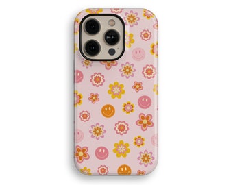 Pink Flower Power Retro Groovy Aesthetic Y2K Cute Tough Protective iPhone 12, iPhone 16 iPhone 13 iPhone 14 Pro Case iPhone 15 Pro Max Case