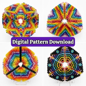 Könnte beinhalten: Vier verschiedene geometrische Perlenstrukturen in einem Raster, jede mit einer zentralen kreisförmigen Öffnung. Die Designs zeigen lebendige regenbogenfarbene Muster und ein schwarzbasiertes Muster. Der Text Digital Pattern Download ist zentriert.