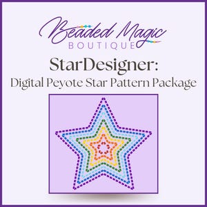 Pode incluir: Um gráfico digital com o texto Beaded Magic Boutique StarDesigner: Digital Peyote Star Pattern Package. Abaixo do texto, há uma ilustração de uma estrela de cinco pontas composta por contornos concêntricos em roxo, azul, verde, amarelo e laranja.
