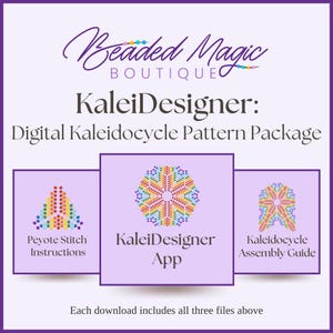 Könnte beinhalten: Ein digitales Musterpaket mit dem Titel Beaded Magic Boutique KaleiDesigner: Digital Kaleidocycle Pattern Package. Es enthält drei Abschnitte: Peyote Stitch Instructions, KaleiDesigner App und Kaleidocycle Assembly Guide, jeweils mit bunten, perlenartigen geometrischen Mustern auf hellviolettem Hintergrund.