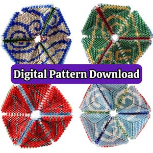 May include: Four hexagonal beaded ornaments featuring intricate geometric patterns in blue and silver, green and gold, red and black, and light blue and white. A purple banner across the centre displays the text Digital Pattern Download.