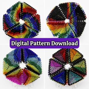 Könnte beinhalten: Vier kreisförmige Perlenornamente mit geometrischen dreieckigen Segmenten in leuchtenden Regenbogenfarben und solidem Schwarz. Jedes Stück besteht aus kleinen Glasperlen in einem radialen Muster. Der Text Digital Pattern Download ist zentriert.