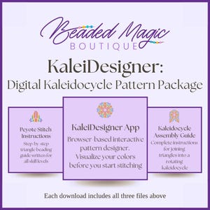 Könnte beinhalten: Ein digitales Musterpaket mit dem Titel Beaded Magic Boutique KaleiDesigner. Es enthält eine browserbasierte interaktive Muster-Designer-App, eine Anleitung für Peyote-Stich-Perlenstickerei und eine Kaleidozyklus-Montageanleitung.