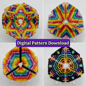 May include: A collection of four geometric beaded ornaments featuring vibrant rainbow-coloured patterns and one black-based design with colourful accents. Each piece is constructed from small beads and includes the text Digital Pattern Download.