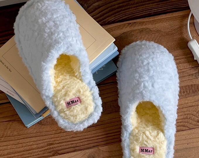 Baby Blue Fuzzy Slippers Cozy Plush House Shoes Fluffy Fleece lined