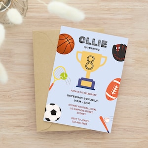 Invitación de cumpleaños con trofeo deportivo, invitación de cumpleaños para niños, baloncesto, fútbol, béisbol, fútbol americano, tenis, preadolescentes, editable, plantilla