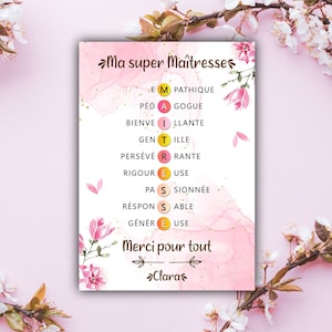 Op de afbeelding: Roze en witte aquarel achtergrond met gouden glitter. Een printbare kaart met de tekst "Ma super Ma&icirc;tresse" en een lijst met woorden met gemarkeerde letters die "MERCI POUR TOUT" spellen. De kaart is ondertekend met "Clara".