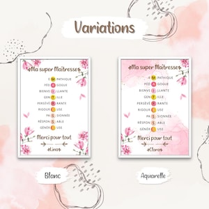 Op de afbeelding: Twee printbare posters met roze aquarel achtergronden en bloemmotieven. De posters bevatten de tekst "Ma super Ma&icirc;tresses" en een lijst met positieve adjectieven die een leraar beschrijven. De eerste poster heeft een witte achtergrond en de tekst "Linas" onderaan. De tweede poster heeft een aquarel achtergrond en de tekst "Claras" onderaan.