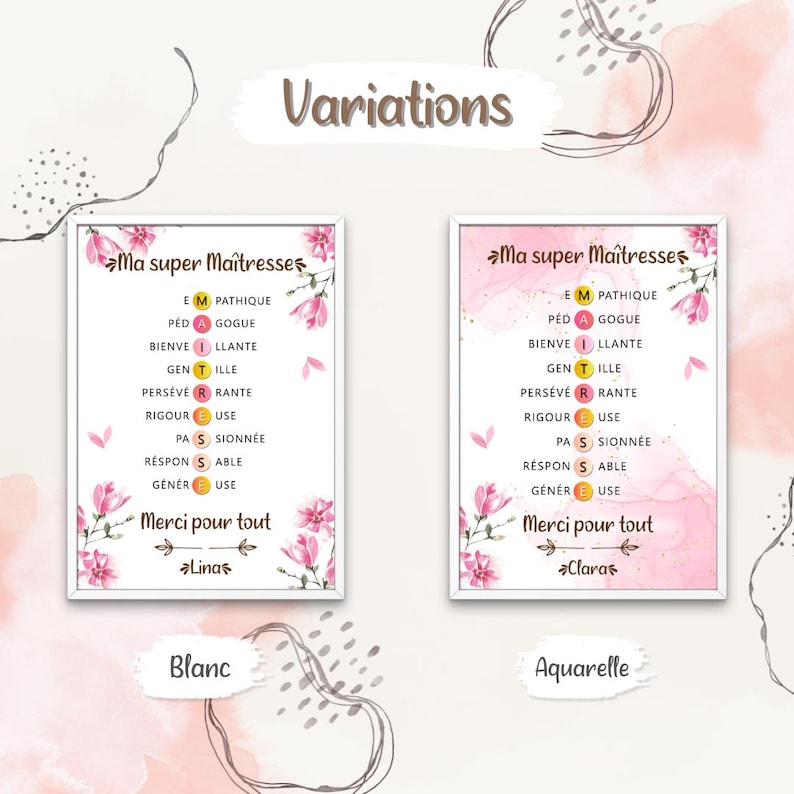 Op de afbeelding: Twee printbare posters met roze aquarel achtergronden en bloemmotieven. De posters bevatten de tekst "Ma super Ma&icirc;tresses" en een lijst met positieve adjectieven die een leraar beschrijven. De eerste poster heeft een witte achtergrond en de tekst "Linas" onderaan. De tweede poster heeft een aquarel achtergrond en de tekst "Claras" onderaan.