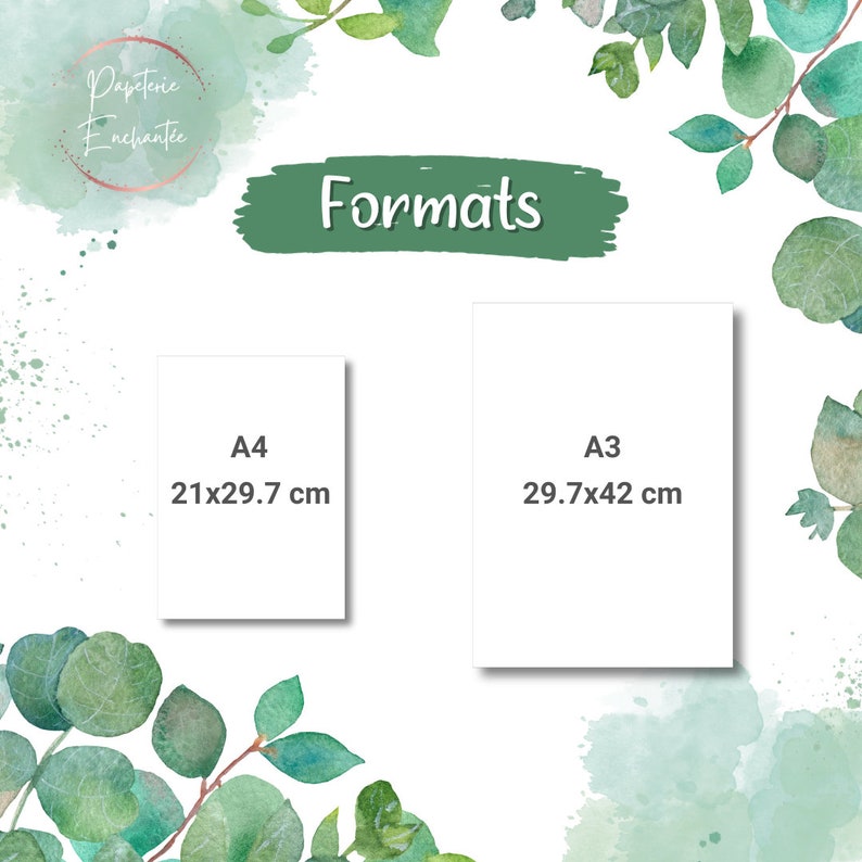 Op de afbeelding: Een witte achtergrond met groene waterverf spatten en bladeren. De tekst "Formaten" is in het groen geschreven. Twee witte rechthoeken met zwarte tekst zijn te zien. De eerste rechthoek zegt "A4 21x29,7 cm" en de tweede rechthoek zegt "A3 29,7x42 cm".