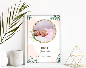 Affiche de naissance personnalisée pour bébé avec photo - Cadeau de naissance personnalisé, prénom, date, taille et poids - Cadeau pour bébé