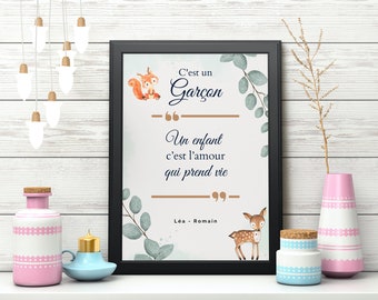 Affiche de naissance personnalisée animaux - affiche de naissance fille/garçon - décoration baby shower, reveal gender - cadeau personnalisé